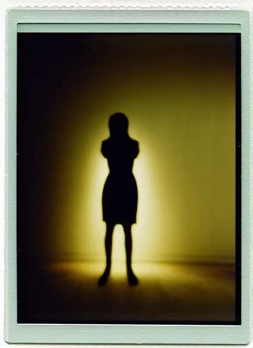 Image similar to a bright silhouette hovers above the ground inside of a hall. liminal, cozy, dramatic soft color lighting ( 1 9 8 4 ). featured polaroid