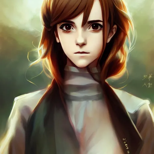 Image similar to anime portrait of emma watson as an anime girl by Stanley Artgerm Lau, WLOP, Rossdraws, James Jean, Andrei Riabovitchev, Marc Simonetti, and Sakimichan, trending on artstation