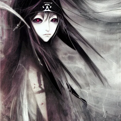 Image similar to Yoshitaka Amano blurred and dreamy illustration of an anime girl with pirate eye patch, wavy white hair and cracks on her face wearing Elden ring armour with the cape fluttering in the wind, abstract black and white patterns on the background, noisy film grain effect, highly detailed, Renaissance oil painting, weird portrait angle