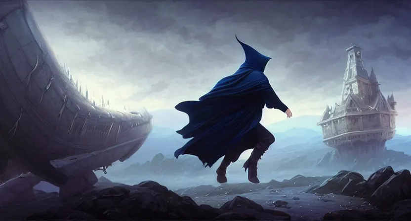 Prompt: handsome mage running away from a giant airship, black hair wearing hooded gothic navy cloak, mountain town, movie action still frame, ultra wide horizon, intricate, elegant, highly detailed, hyperrealism, digital painting, concept art, smooth, sharp, focus, illustration, art by artgerm, greg rutkowski, ilya kuvshinov, alphonse mucha