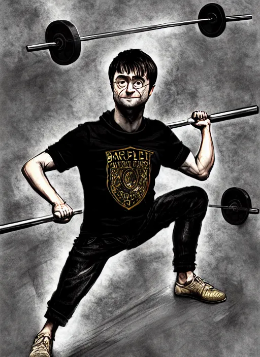 Image similar to a highly detailed full body portrait of Daniel Radcliffe as Harry Potter doing barbell back squats, wearing a muscle tee shirt, intricate detail, digital painting, old english, raining, sepia, particles floating, gym background by marc simonetti, artwork by ross tran + ramond swanland + liam wong, concept art, smooth, sharp focus, illustration, cinematic lighting