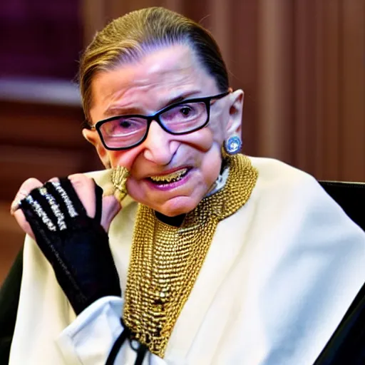 Prompt: Ruth Bader Ginsburg as a gangsta rapper wearing gold chains and grinning to show off her grills