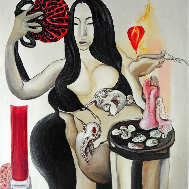 Prompt: a portrait in a female artist's apartment, a woman holding a brain, japanese pottery vase with white flowers, sensual, spilled milk, smokey burnt love letters, candles, feminine, organic, octopus, squashed berries, pizza box, pancakes, black underwear, neo - expressionism, surrealism, acrylic and spray paint and oilstick on canvas