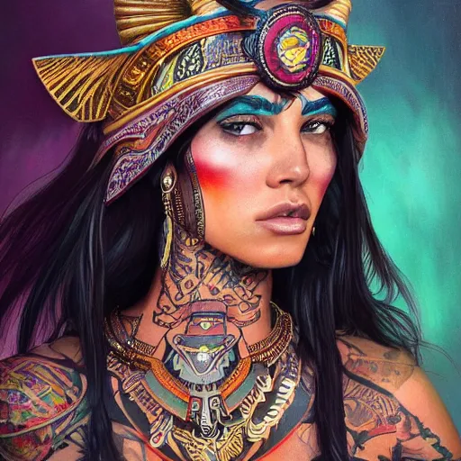 Prompt: an attractive young tattooed aztec female with piercings wearing an rainbow ornate metallic helmet, catalina otalvaro, olive skin, long dark hair, beautiful bone structure, intricate, elegant, highly detailed, digital painting, artstation, concept art, smooth, sharp focus, illustration, art by artgerm and greg rutkowski and alphonse mucha