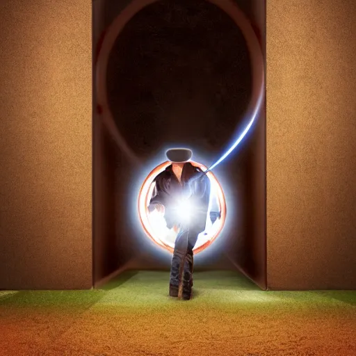 Prompt: a cowboy walking through a futuristic portal