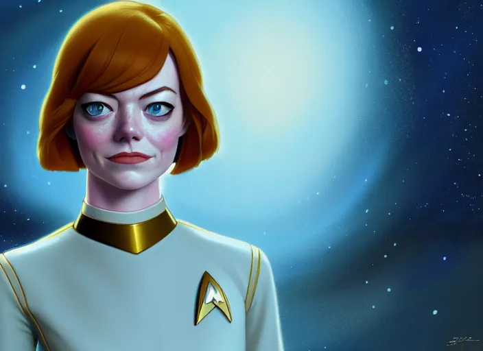 Image similar to a disney film still of emma stone as a star trek officer, finely detailed features, closeup of the face, perfect art, dusk, blue hour, gapmoe yandere grimdark, trending on pixiv fanbox, painted by greg rutkowski, makoto shinkai, takashi takeuchi, alphonse mucha, akihiko yoshida