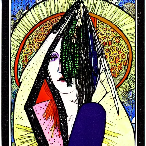 Image similar to illustration of a woman's face from front in style of harry clarke