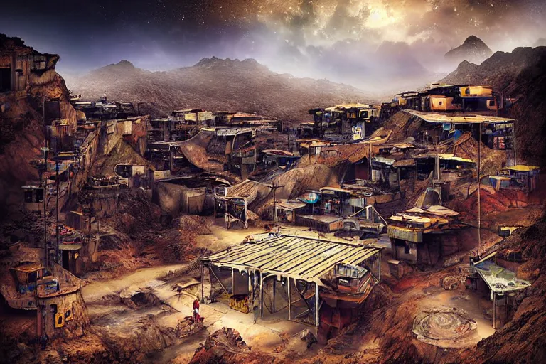 Image similar to favela construction hangar, art nouveau desert environment, industrial factory, cliffs, gloomy, milky way, award winning art, epic dreamlike fantasy landscape, ultra realistic,