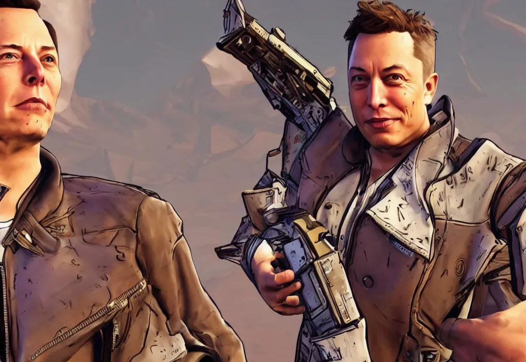 Image similar to elon musk in borderlands elon musk in the video game borderlands, gameplay screenshot, close up, 3 d rendering. unreal engine. amazing likeness. very detailed.