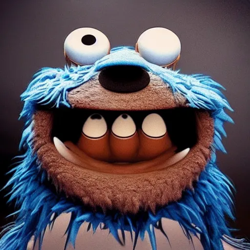 Image similar to “ cookie monster muppet turning into a werewolf. ultra realism. 4 k ”