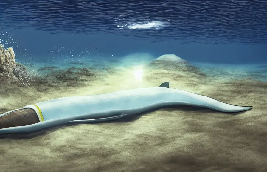 Prompt: a realistic cell - shaded cartoon showing an eel submarine swimming in front of a white pristine pyramid underwater at the bottom of the sea. shafts of sunlight come from above. wide shot, very dull muted colors, hd, 4 k, hq