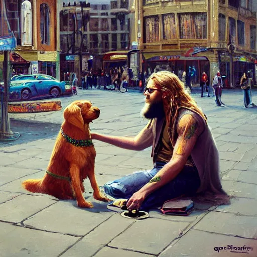 Image similar to oil painting of a young man with long hair blond and a beard hippie style with his golden retrever dog playing guitar in the square for money, people watching around, by greg rutkowski, artstation