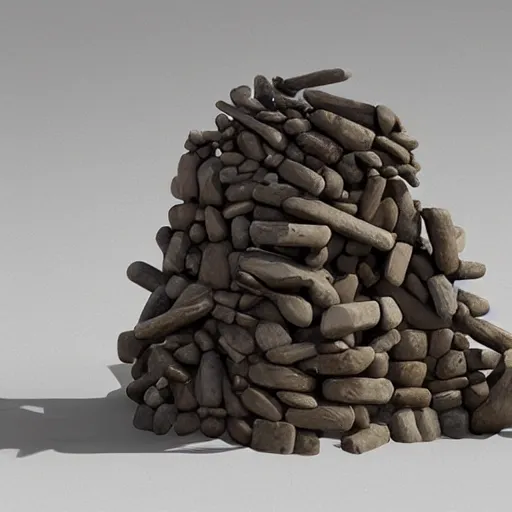 Image similar to modern sculpture of piled stones, wood, nails, sunlit, photorealistic, 3 d rendering, higly detailed, minimalist, made with unreal engine, cgsociety, by yves tanguy, by nate boyce, by david smith