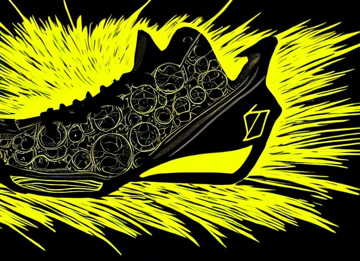 Image similar to glowing black sneaker, wth short golden lines, yellow details, symmetrical, highly detailed, digital art, sharp focus, trending on art station, samurai, electricity superpowers, anime art style