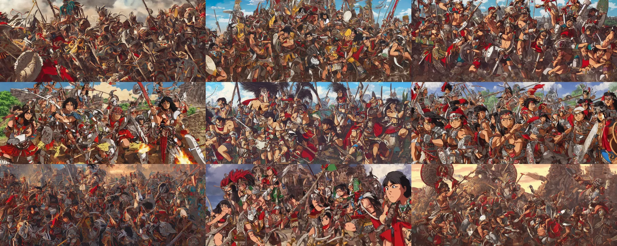 Prompt: aztec warriors defend the city of Tenochtitlan from Spanish Conquistadors, anime, detailed expression on faces, beautiful faces, Studio Ghibli, cinematic, 4K