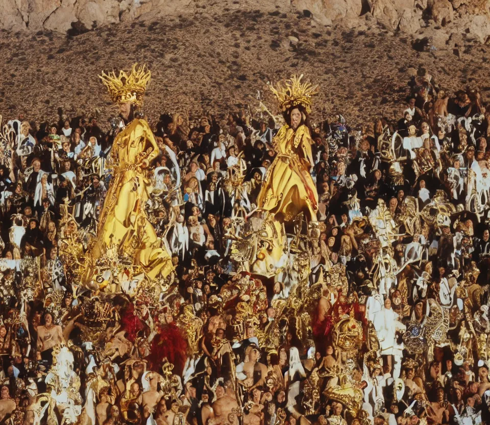 Prompt: salvador dali wearing a crown and costume with jewels in front of a huge crowd in a dry rocky desert landscape, from the movie by alejandro jodorowsky with cinematogrophy of christopher doyle and art direction by hans giger, anamorphic lens, kodakchrome, very detailed photo, 8 k