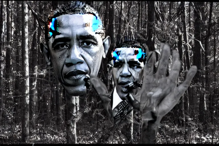 Prompt: barack obama is hunting you in the woods at night, horror, grainy, found footage, monster, photo