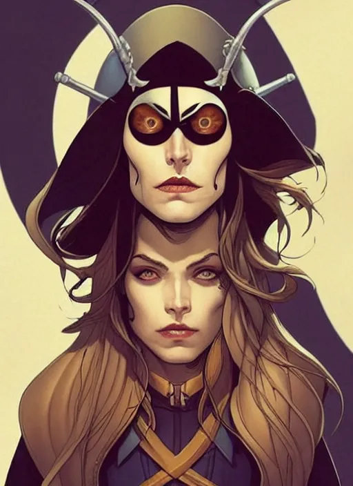 Prompt: Rafeal Albuquerque comic art, Joshua Middleton comic art, pretty female Phoebe Tonkin, pirate, black eye patch covering one eye, evil smile, symmetrical face, symmetrical eyes, pirate clothing, long wavy brown hair, full body::8 sunny weather::2 no long neck