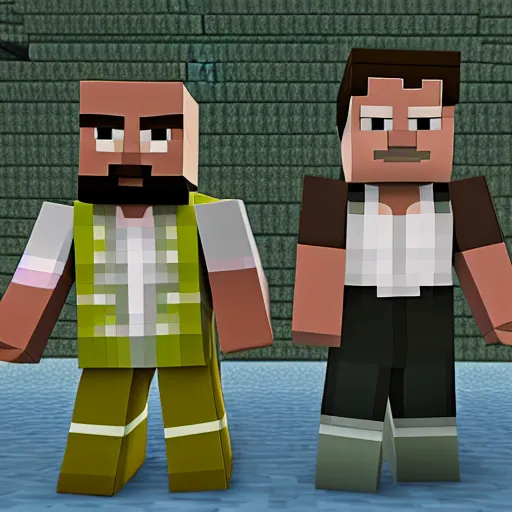 Prompt: walter white and jesse pinkman in minecraft, nvidia rtx