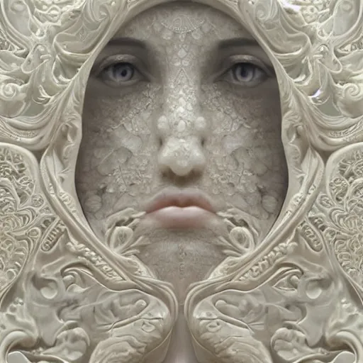 Image similar to opalescent marble portrait, up close, shallow depth of field, warm, masterpiece, ivory carving, fractal paisley inlay, lace, intricate, elegant, highly detailed, artgerm, matte painting, trending on artstation, lace, by ruan jia and greg rutkowski
