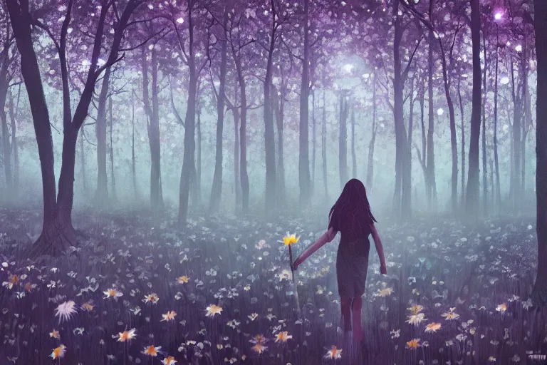 Image similar to giant bunch of daisy flowers head, girl walking in dark forest, surreal photography, dark night, stars, moon light, impressionist painting, clouds, digital painting, artstation, simon stalenhag