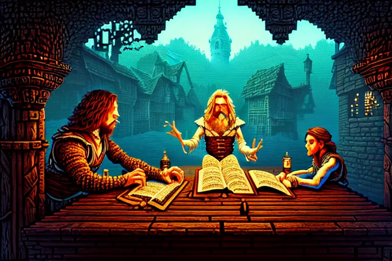 Image similar to the bard's tale, beautiful detailed pixelart by albertov, intricate details, beautiful, dithered gradients, volumetric lighting, cgsociety, artstation, smooth, sharp focus, 2 d illustration, amazing art by dan mumford