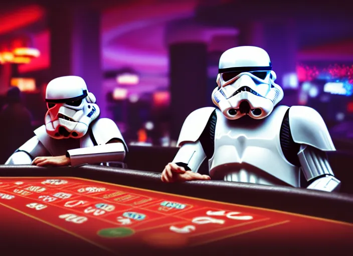 Image similar to a photo of two stormtroopers playing roulette in las vegas casino, ultra wide shot, 2 4 mm, bokeh, blurred background, colorful lights, golden ratio, sci fi, fantasy, cyberpunk, intricate, decadent, highly detailed, digital painting, octane render, artstation, concept art, smooth, sharp focus, illustration, art by loish, wlop