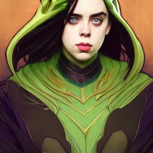 Image similar to Billie Eilish as Female Loki, very detailed, digital art, trending on artstation, concept art, smooth, illustration, art by artgerm and greg rutkowski and alphonse mucha and J. C. Leyendecker and Edmund Blair Leighton and Katsuhiro Otomo and Geof Darrow and Phil hale and Ashley wood