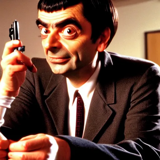 Prompt: Mr. Bean as a character in Pulp Fiction, movie still