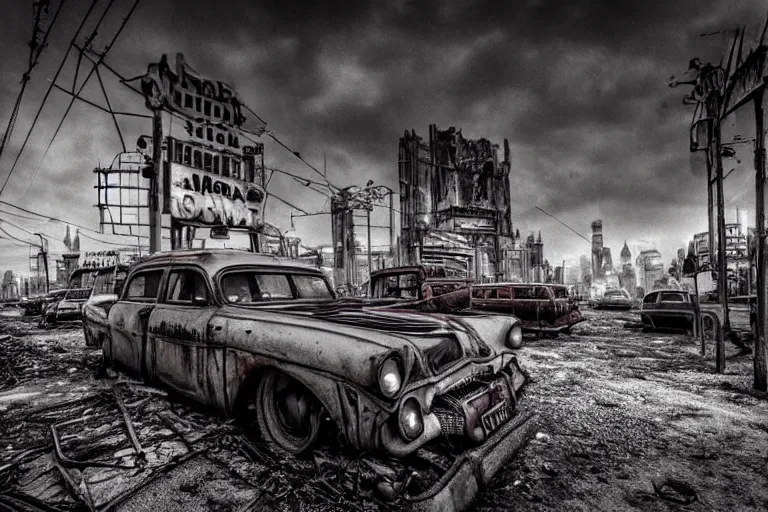 Image similar to low wide angle shot of dilapidated fallout 5 europa, european cityscapes, desolate, dilapidated neon signs, few rusted retro futuristic vintage parked vehicles like cars, buses, trucks, trams, volumetric lighting, photorealistic, fog, daytime, autumn, overcast weather, sharp focus, ultra detailed, 4 0 0 0 k