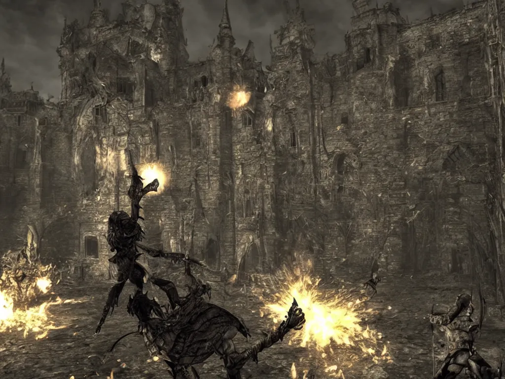 Image similar to Demon Souls Dark Souls Boss fight in abandoned castle