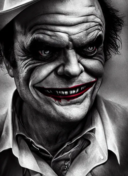 Image similar to photo of Jack Nicholson as the Joker by Eolo Perfido and Lee Jeffries, smile, head shot, detailed, award winning, Sony a7R