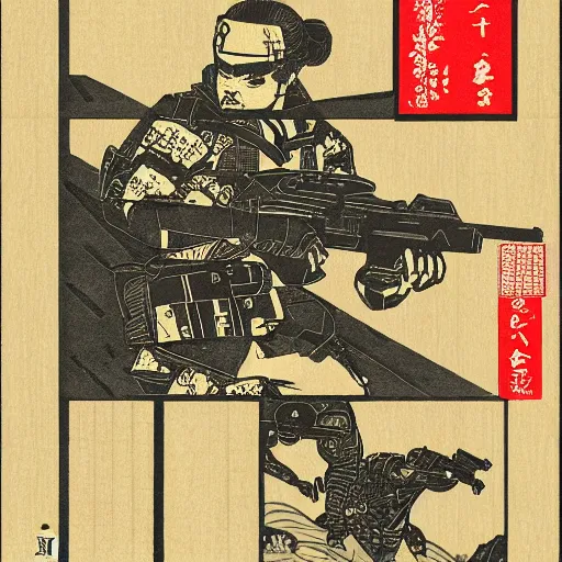 Image similar to the videogame arma 3 depicted as a japanese woodblock print