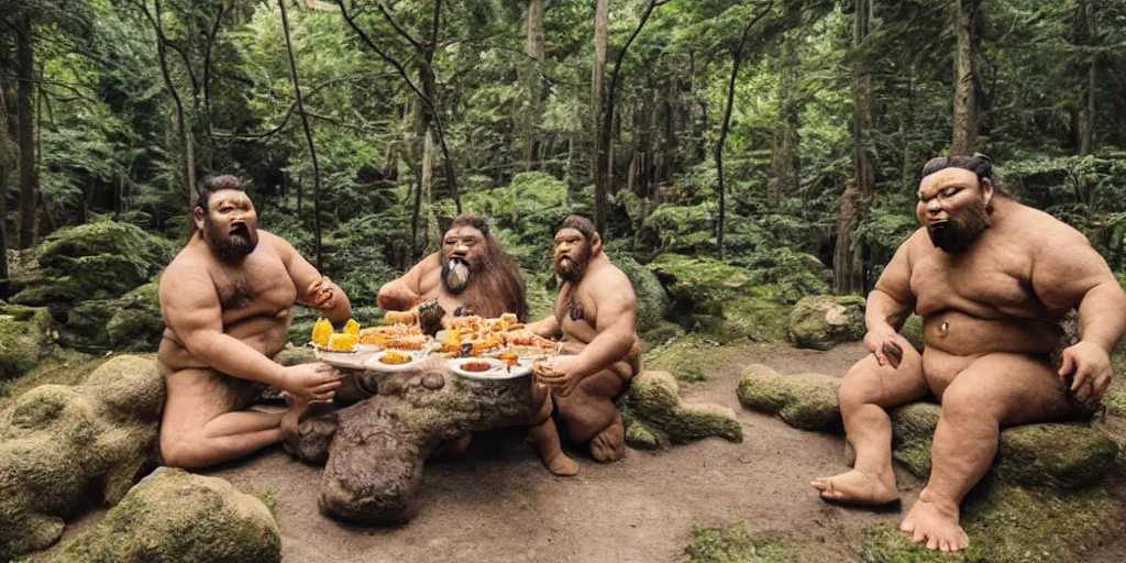 Image similar to photo, three hairy neanderthal people, sumo japanese, eating inside mcdonalds, surrounded by dinosaurs!, gigantic forest trees, sitting on rocks, bright moon, birthday cake on the ground, front view