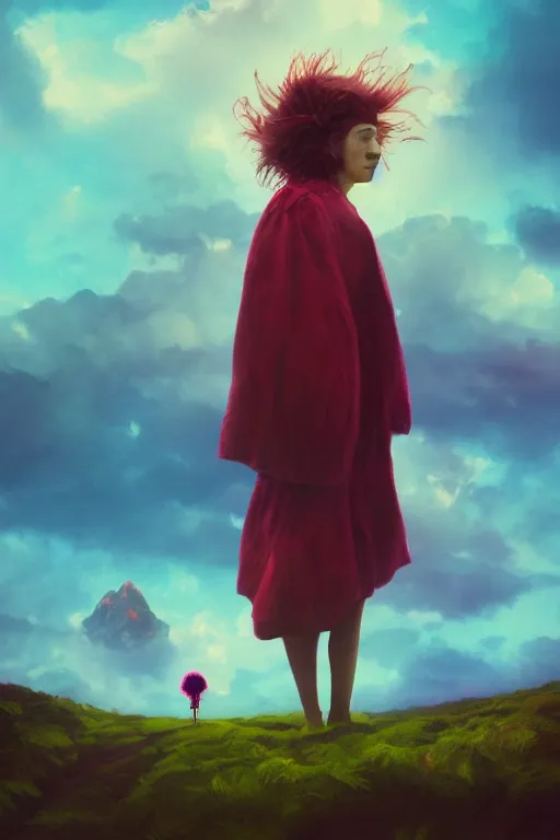 Prompt: closeup perspective, giant dahlia flower over the head, girl standing on mountain, surreal photography, blue storm clouds, dramatic light, impressionist painting, digital painting, artstation, simon stalenhag