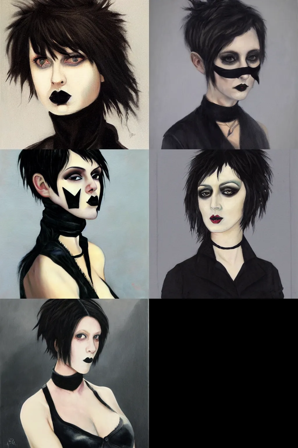 Prompt: a goth portrait painted by charles angrand. her hair is dark brown and cut into a short, messy pixie cut. she has a slightly rounded face, with a pointed chin, large entirely - black eyes, and a small nose. she is wearing a black tank top, a black leather jacket, a black knee - length skirt, and a black choker.