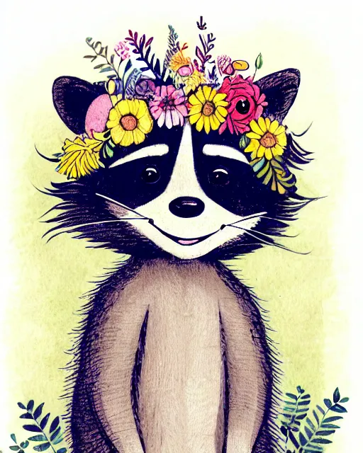 Image similar to a storybook illustration of a smiling happy cute raccoon wearing a flower crown, by antoine de saint - exupery and annabel kidston and naomi okubo and jean - baptiste monge. a child storybook illustration, muted colors, soft colors, low saturation, fine lines, white paper