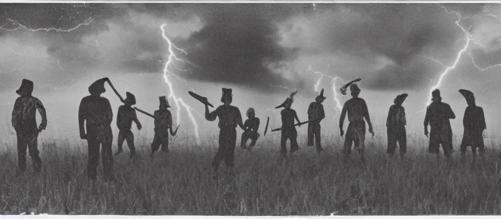 Image similar to 1 3 mm film photograph of a group of clowns in a field holding machetes, liminal, dark, thunderstorm lightning, dark, flash on, blurry, grainy, unsettling