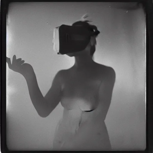 Image similar to an ancient demon-girl using a VR headset, mist , 1910 Polaroid photo, Black and white