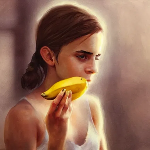 Prompt: emma watson eating a banana, warm lighting, greg rutkowski