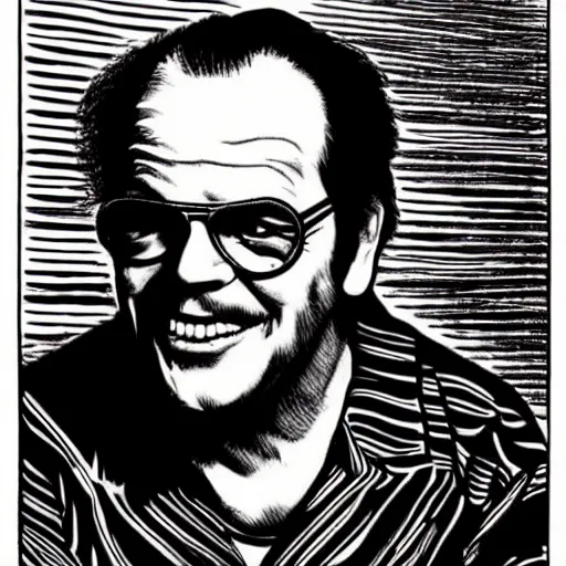 Image similar to a portrait of Jack Nicholson drawn by Robert Crumb