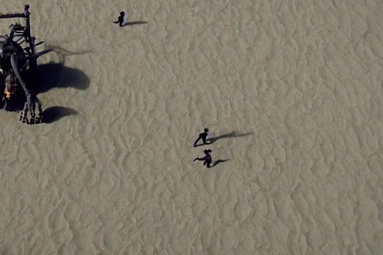 Image similar to cinematography evil demon robots climbing out of the sand on the beach in Santa Monica by Emmanuel Lubezki