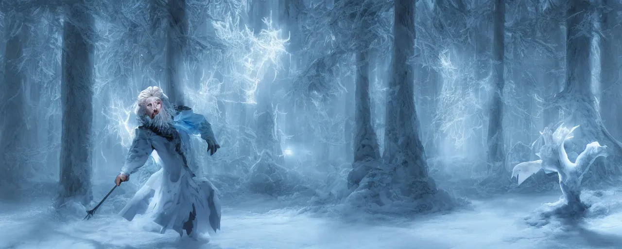 Image similar to ice wizard casting a freeze spell in a snowy forest, rococo inspired clothes, dramatic lighting, zbrush, concept art, 4K