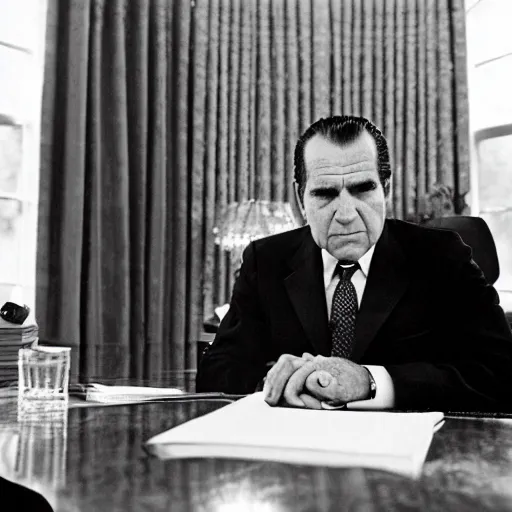 Prompt: Sad Richard Nixon drinking a bottle of vodka in the oval office, historical photo