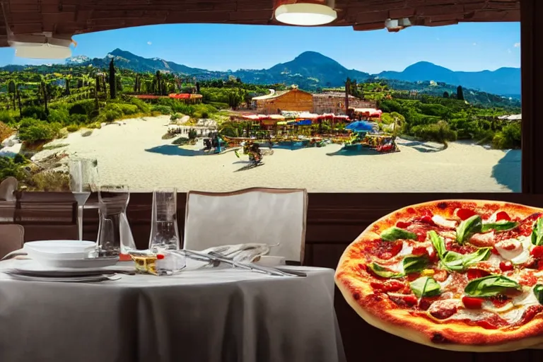 Prompt: italian chef yells at a pinnaple pizza on the table on pizza hut, beach background, mountains background, 8k, high detailed, high resolution