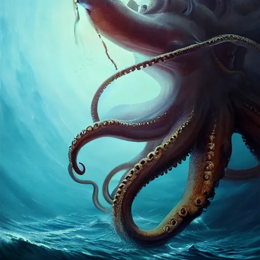 Image similar to a dream fantasy painting of a giant octopus in the deep of the ocean attack a man, by beksinki, giger, greg rutkowski, carne griffith trending on artstation, deviantart, photorealism