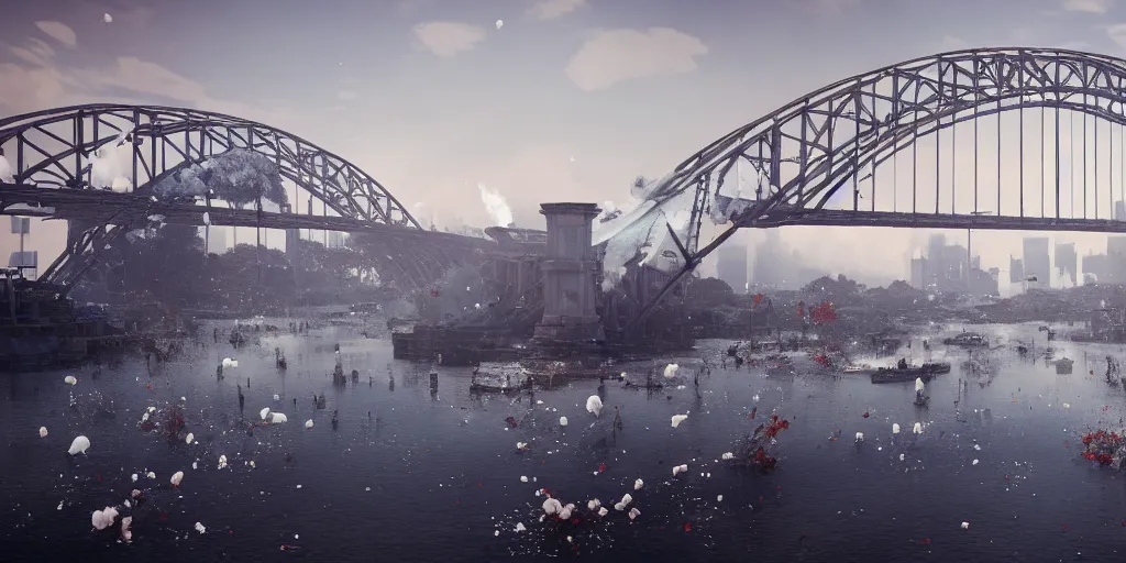 Prompt: explosions in the form of realistic white cotton plants on harbour bridge, huge white cotton everywhere on the destroyed harbour bridge, smooth, sharp focus, highly detailed, 3 d octane render, epic lighting, lots of white cotton, 8 k, by miyazaki