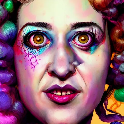 Image similar to hyperdetailed portrait of kristen schaal as delirium of the endless, colourful make up, the sandman, made by caravaggio stanley artgerm lau wlop rossdraws artstation cgsociety concept art cgsociety octane render