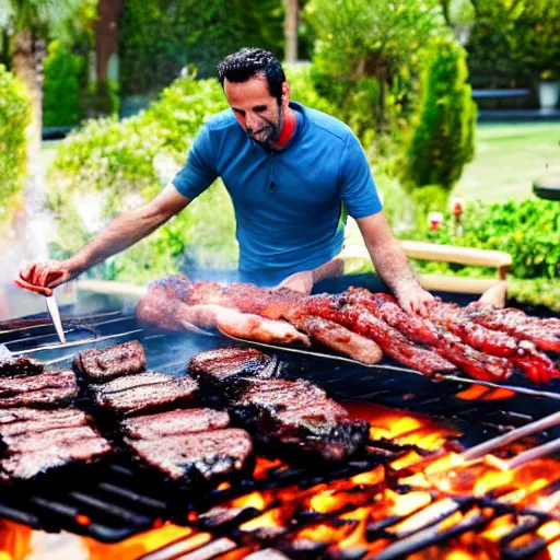 Image similar to edu gaspar cooking on a giant barbeque in 4 k photo