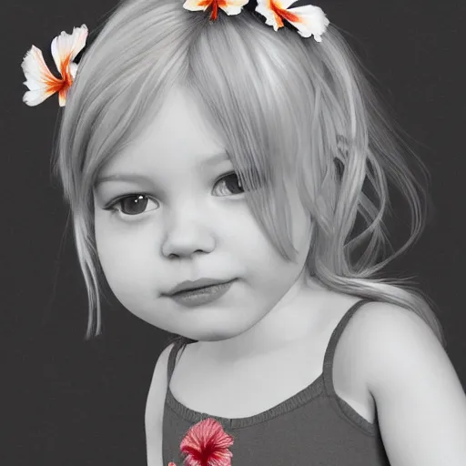 Image similar to 3 year old swedish girl, blonde, hibiscus in hair, artstation